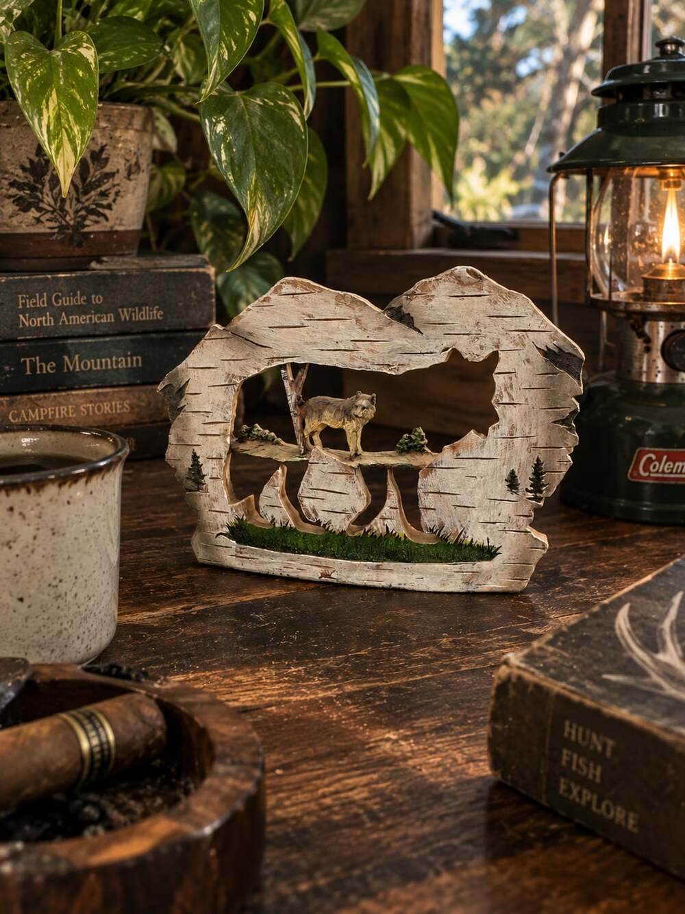 Wolf Figurine Birch Bark Scenery